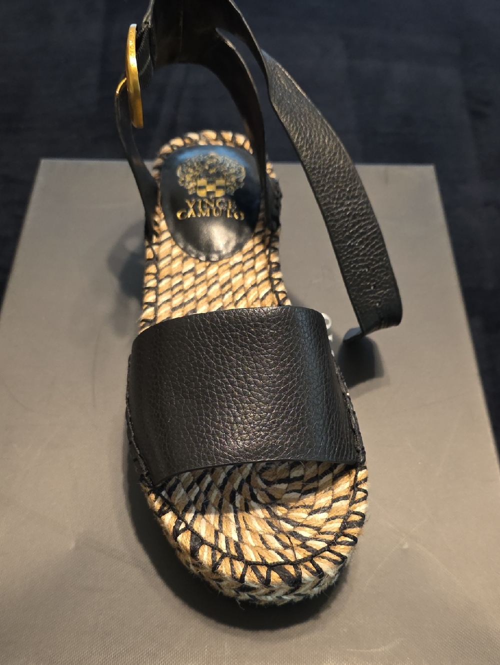 Vince Camuto Black Leather Espadrille Sandal with Ankle Strap
